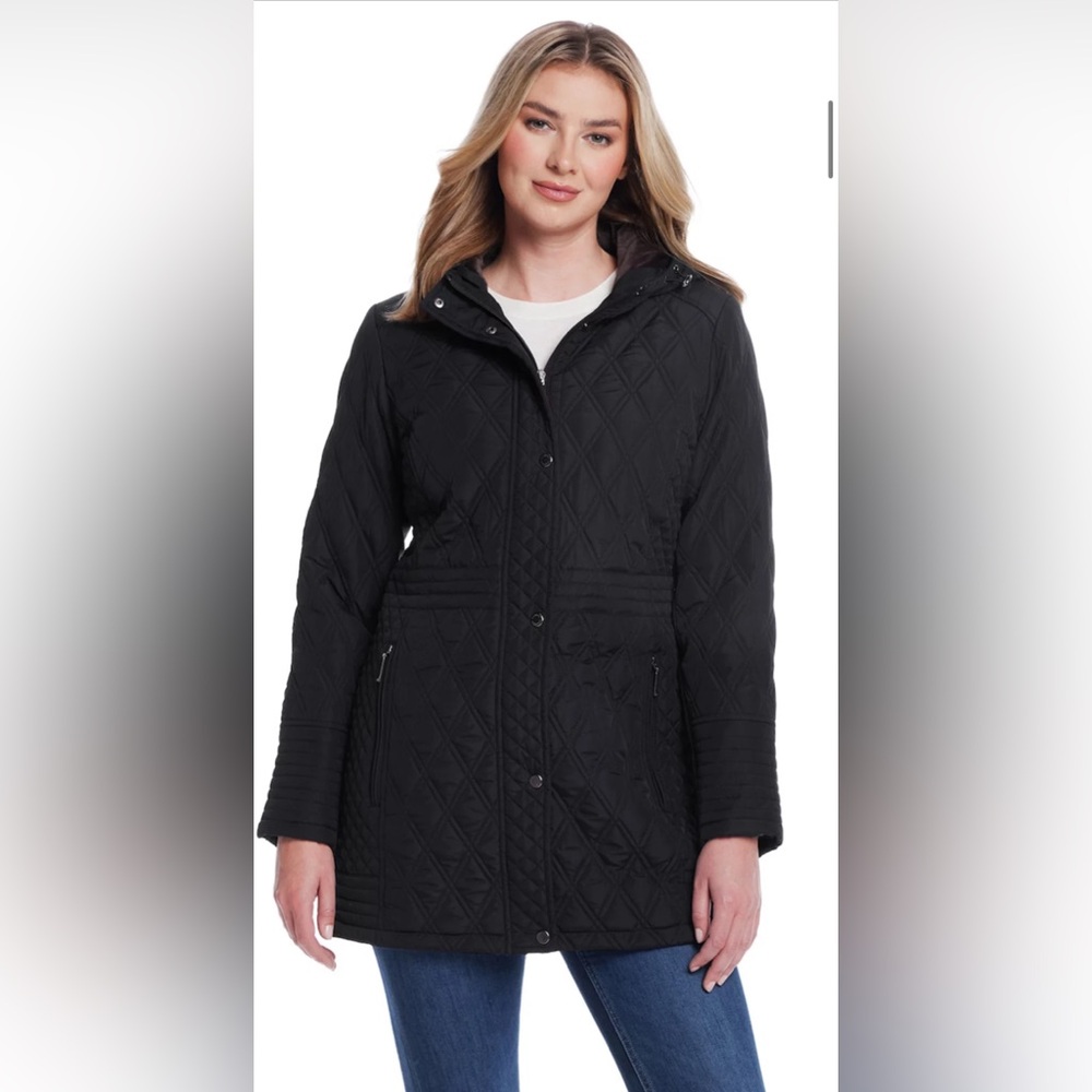 NWT Women's Black Quilted Hooded Jacket with Gold Zipper and Buttons Size Medium